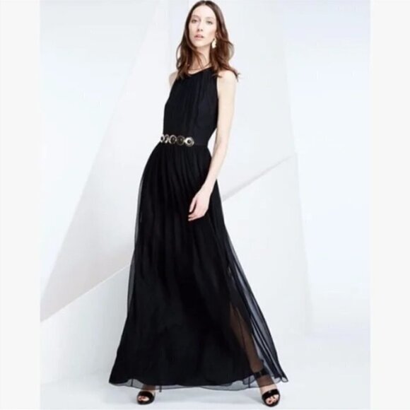 Kate Spade Black Belted Maxi Dress Chiffon Pleated NWT - Picture 1 of 9